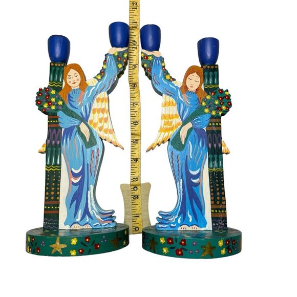 Pier 1 Wood Folk Art Scandinavian Feel Candle Holders Angel Vintage 70s 80s - Picture 4 of 5